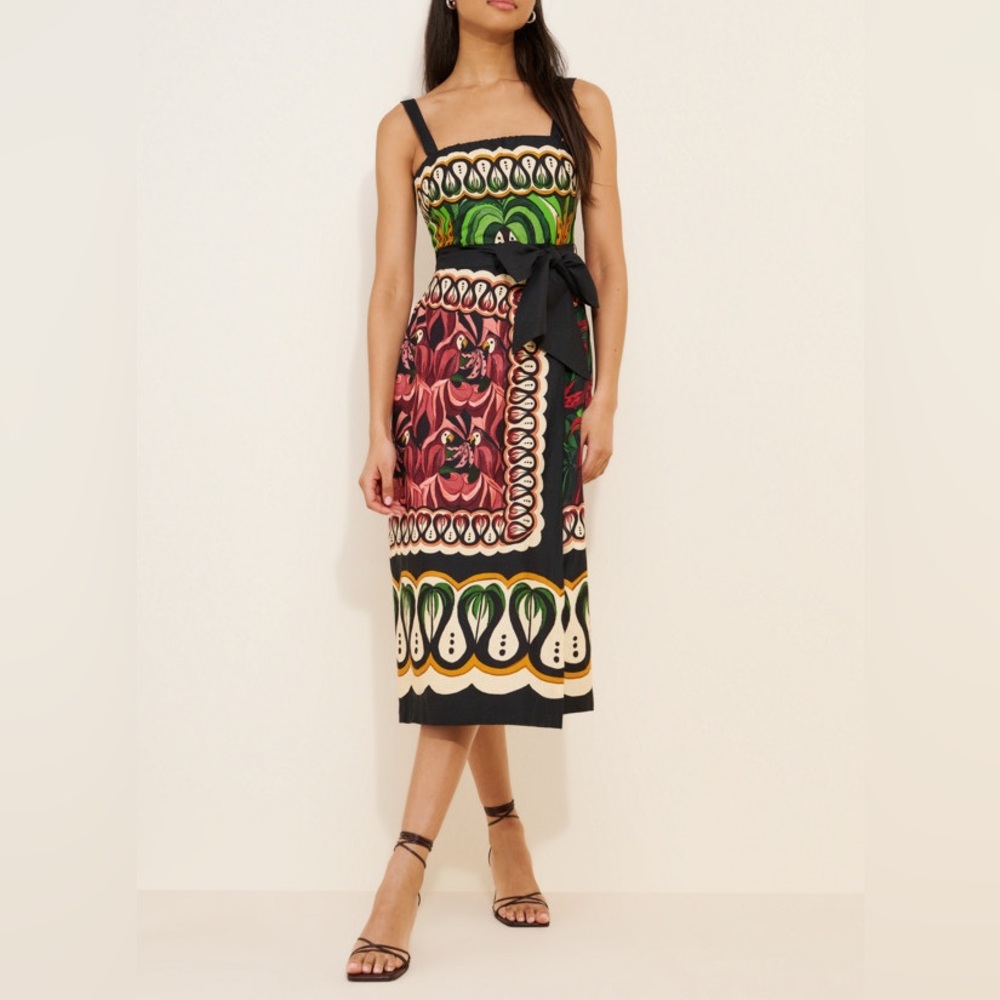 FARM Rio Coconut Tree Flow Scarf Linen Blend Midi Dress Size S